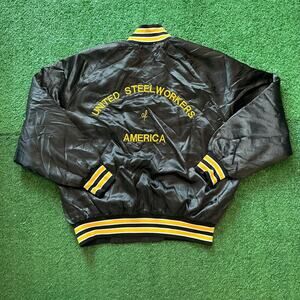 Vintage 80s United Steel Works of America Union Black Satin Jacket Size XL